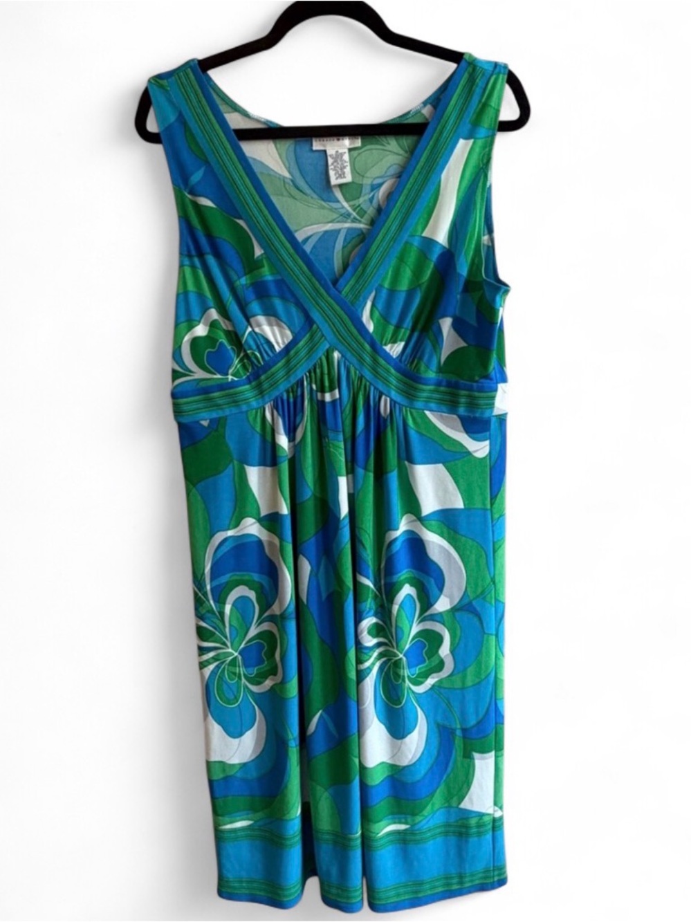 London Style Green Blue White Groovy Mod 60s Inspired V-Neck Dress Party Summer